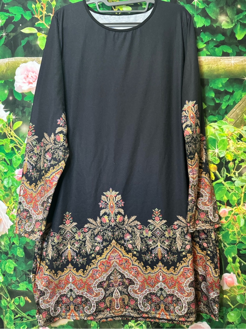 Black Long-Sleeve Dress with Paisley Trim